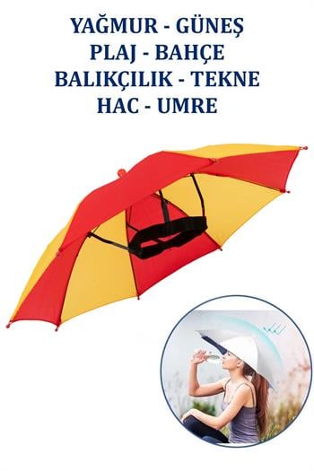 Marlux Kafaya Takılan Şapka Şemsiye Gölgelik Plaj Yazlık Kafa Şemsiyesi Sarı Kırmızı KAFASEMS001SK