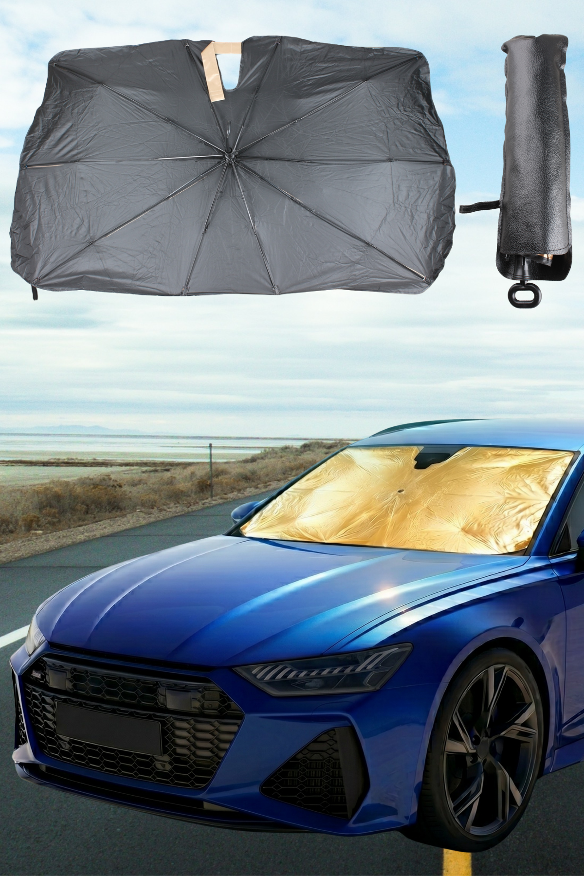 Araç Ön Cam Güneşlik Şemsiyesi 140x80 cm Katlanabilir Isı Yalıtımlı Araba Güneşliği 360 Derece Bükülebilir Saplı
