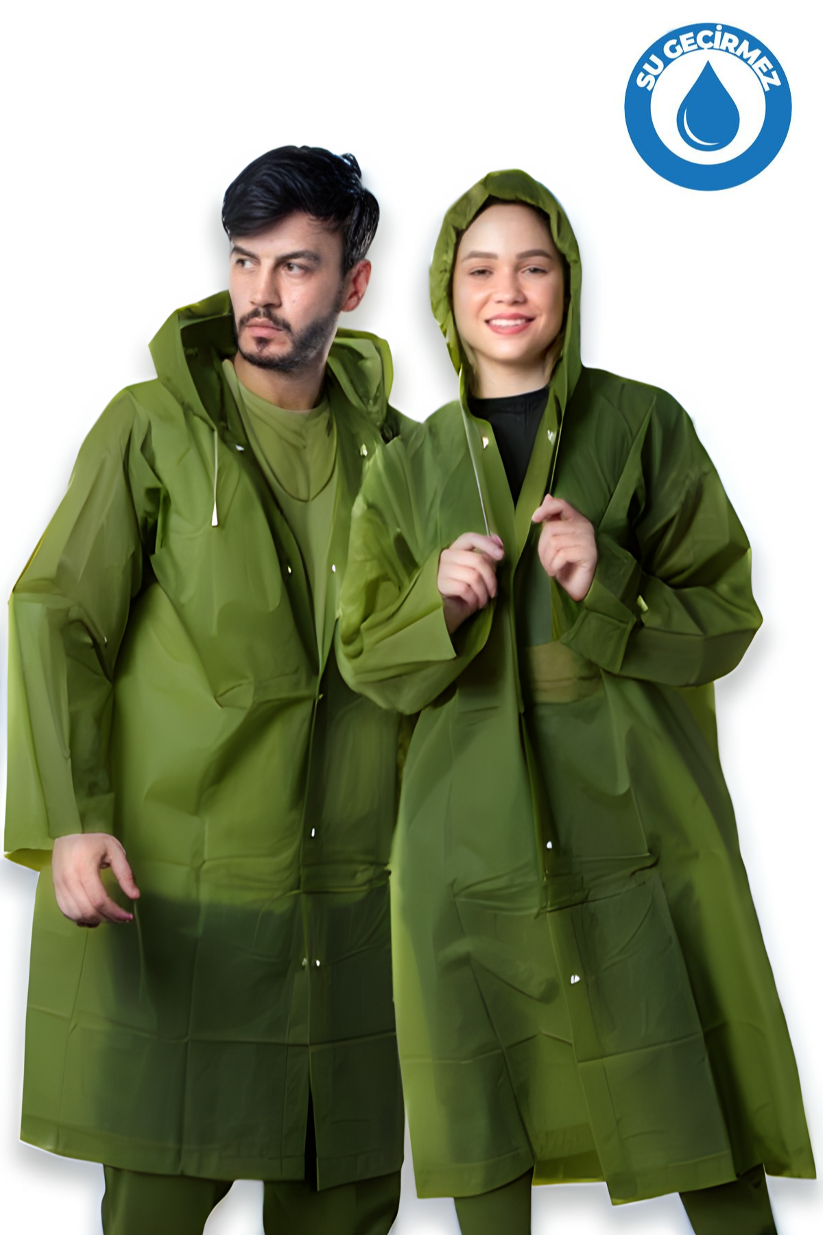By Marine Kadın Erkek Yağmurluk Kapüşonlu Çıtçıtlı Eva Koyu Yeşil Asker Yeşili Yağmurluk BYMMRC881R16