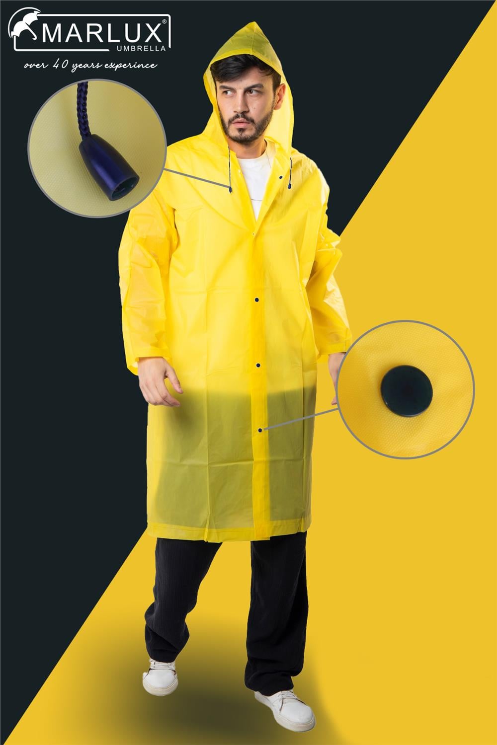 Marlux Unisex Su Rüzgar Geçirmez Kapüşonlu Çıtçıtlı Eva Sarı Lacivert Yağmurluk 24MRLXYGM