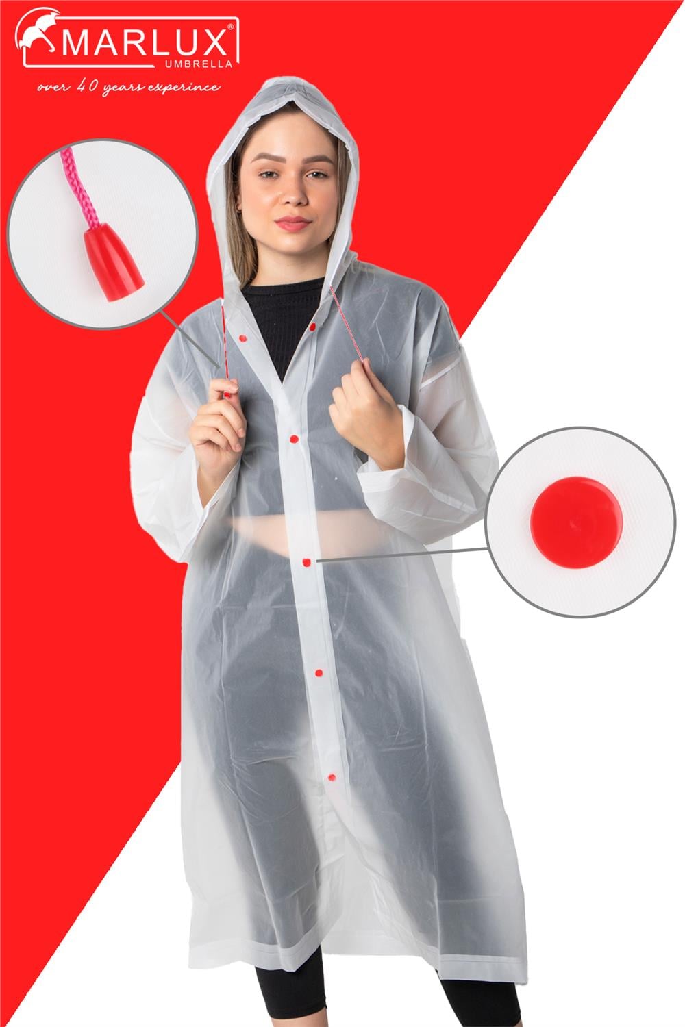 Marlux Unisex Su Rüzgar Geçirmez Kapüşonlu Çıtçıtlı Eva Beyaz Kırmızı Yağmurluk 24MRLXYGM