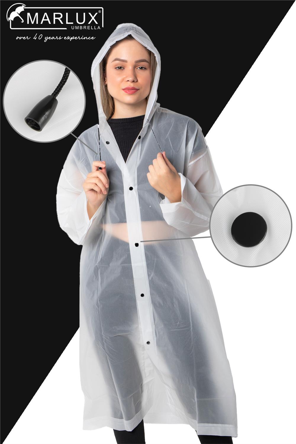Marlux Unisex Su Rüzgar Geçirmez Kapüşonlu Çıtçıtlı Eva Beyaz Siyah Yağmurluk 24MRLXYGM