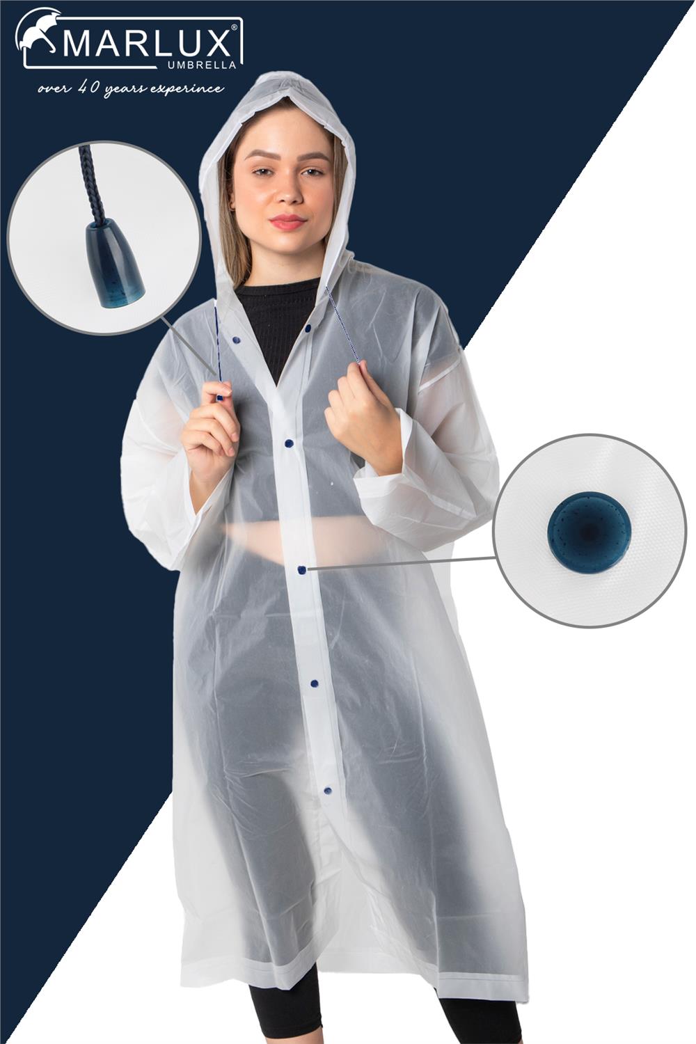 Marlux Unisex Su Rüzgar Geçirmez Kapüşonlu Çıtçıtlı Eva Beyaz Lacivert Yağmurluk 24MRLXYGM