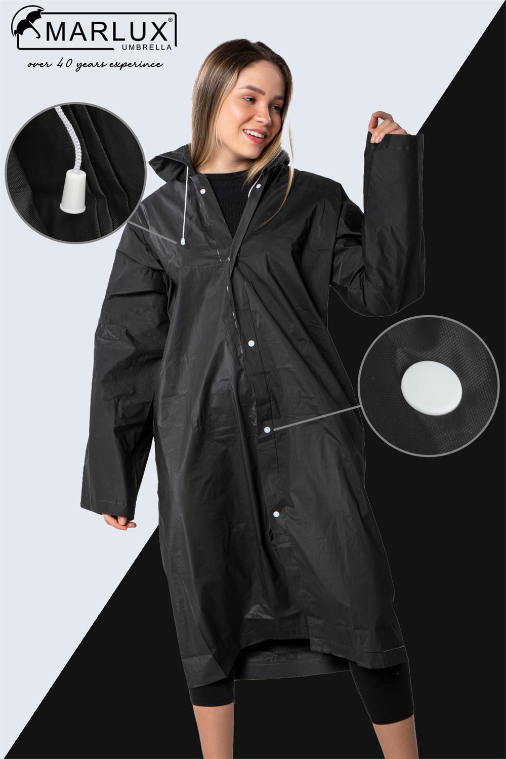 Marlux Unisex Su Rüzgar Geçirmez Kapüşonlu Çıtçıtlı Eva Siyah Beyaz Yağmurluk 24MRLXYGM