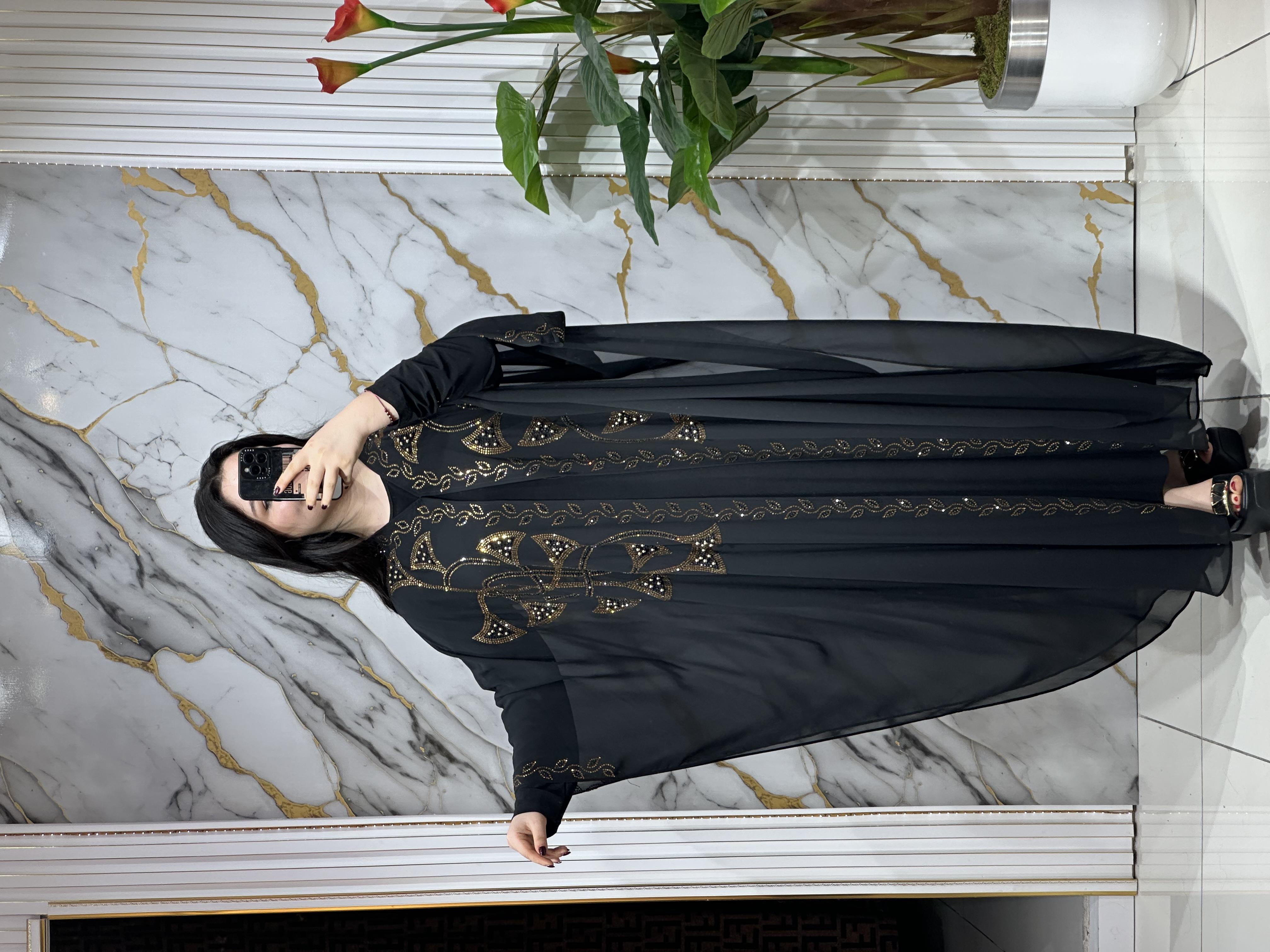 Taşlı İşlemeli Siyah Şık Tesettür Ferace Abaya