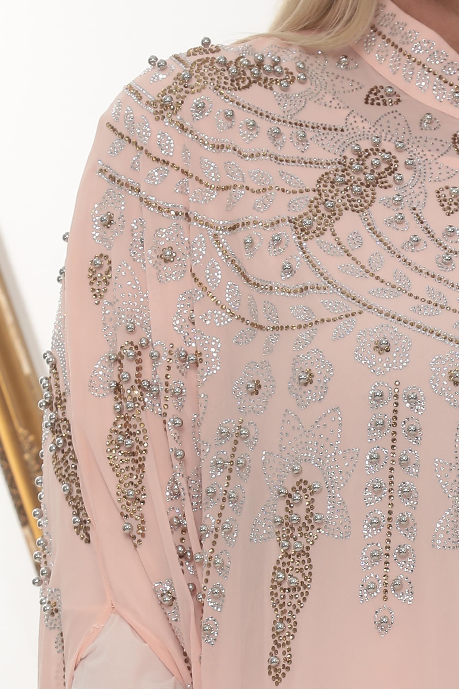 Zarif Taş İşlemeli Pudra Abaya Elbise