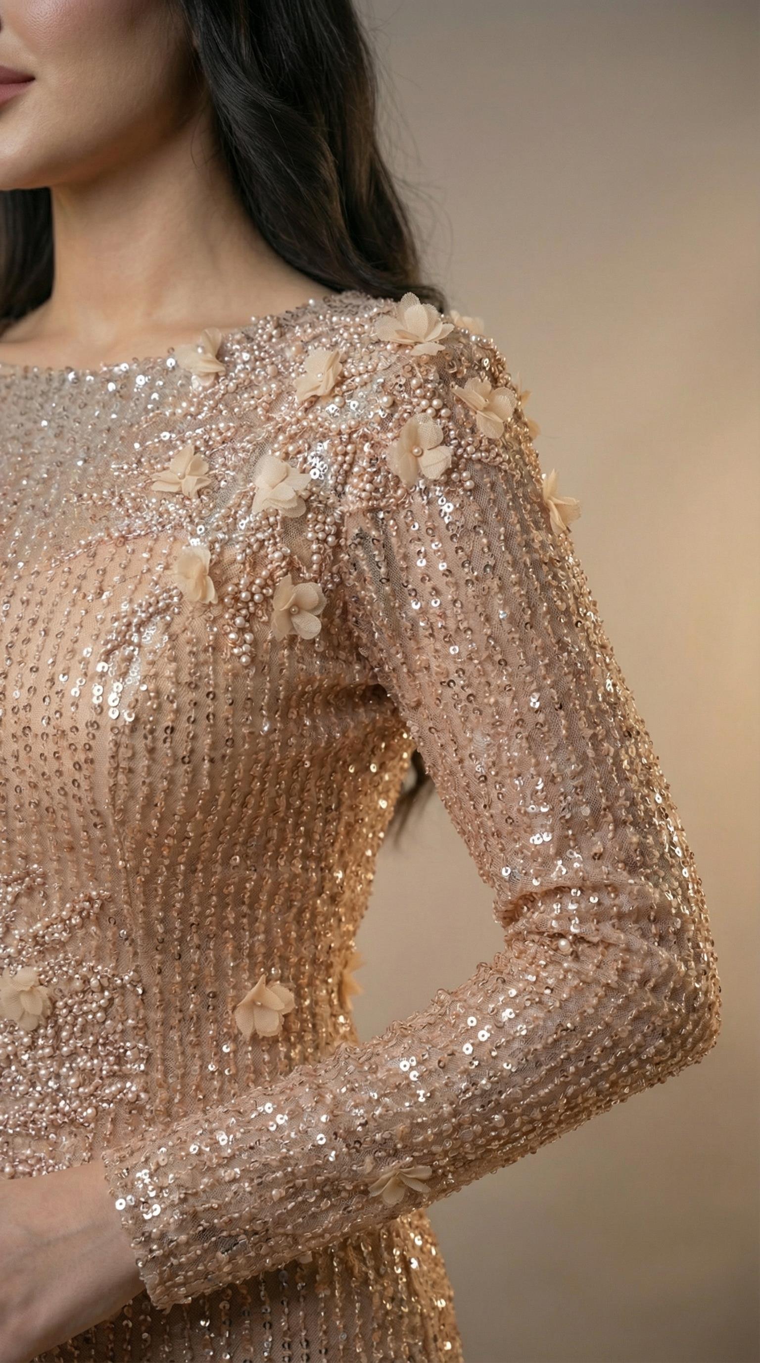 Tül Detaylı Payet İşlemeli Tesettür Abiye Elbise