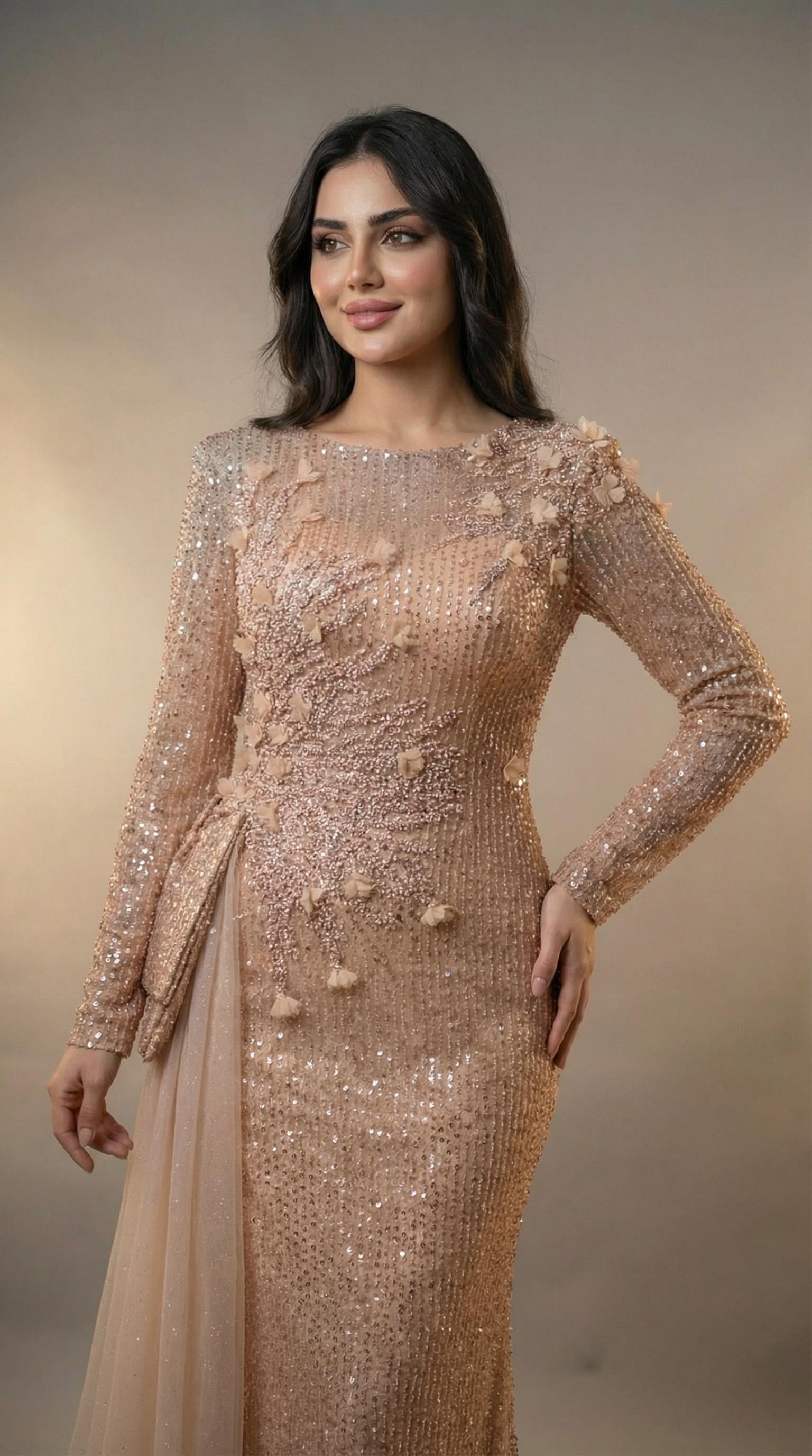 Tül Detaylı Payet İşlemeli Tesettür Abiye Elbise