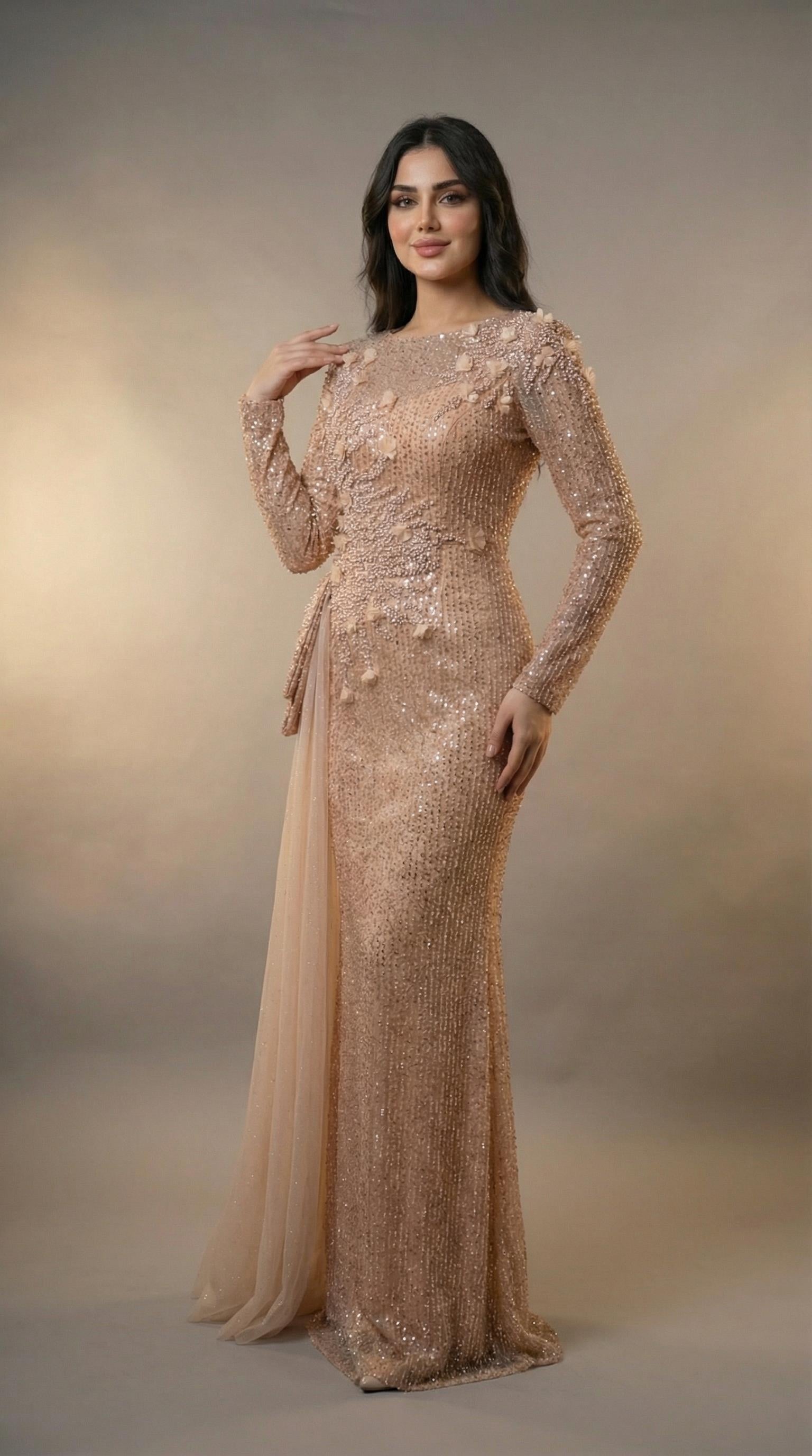 Tül Detaylı Payet İşlemeli Tesettür Abiye Elbise