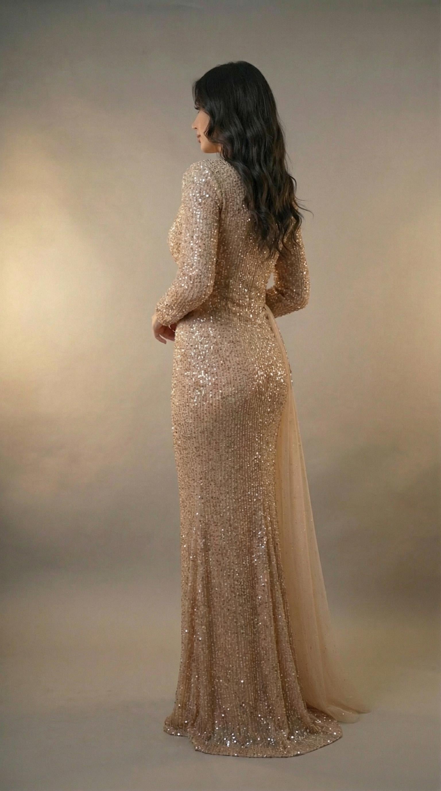 Tül Detaylı Payet İşlemeli Tesettür Abiye Elbise