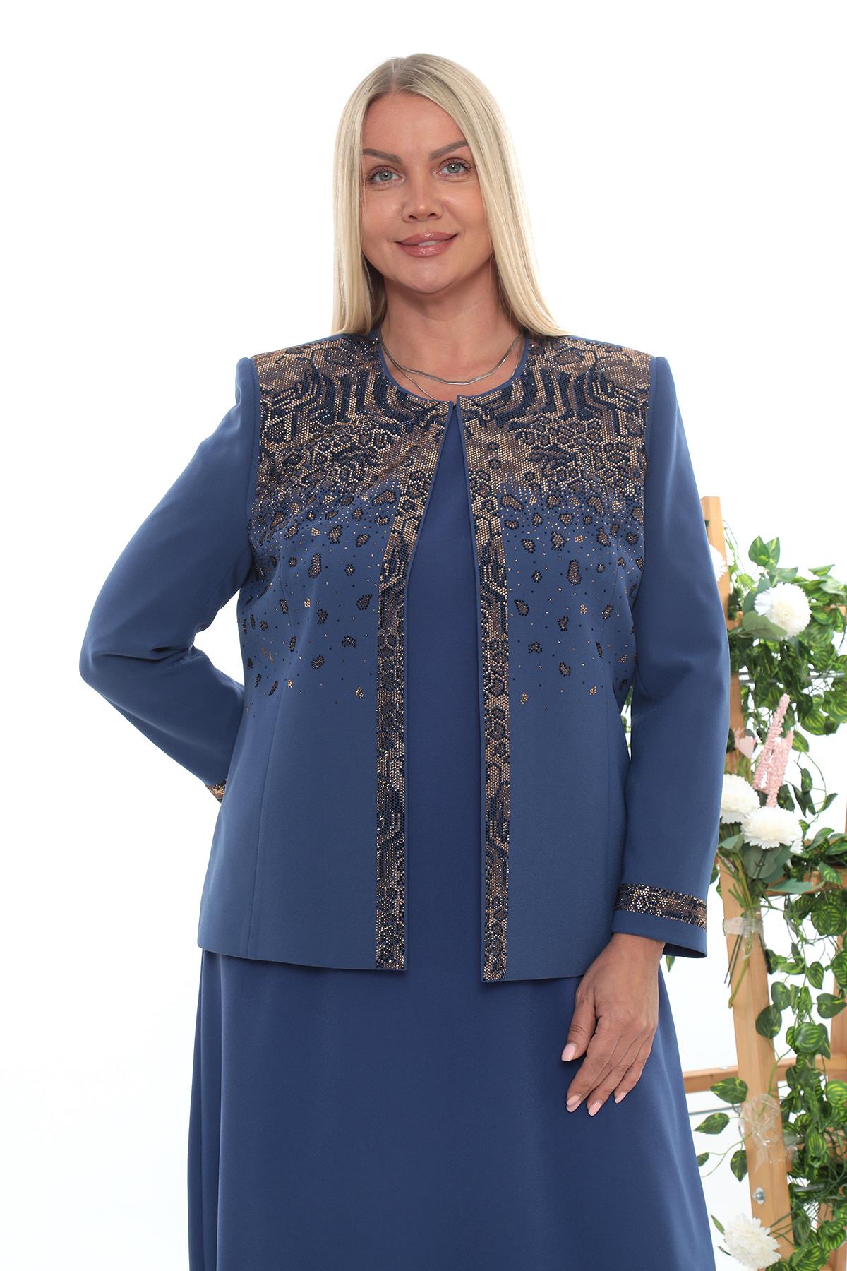 Leopar Desen Taş İşlemeli Mavi Ceket Elbise