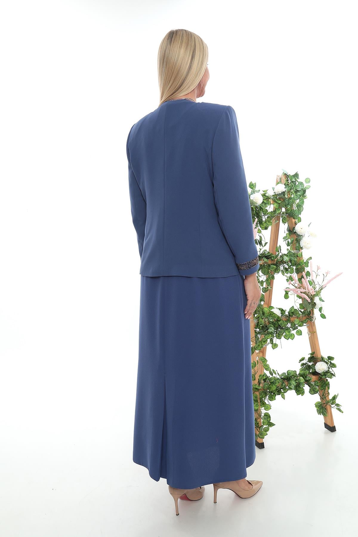 Leopar Desen Taş İşlemeli Mavi Ceket Elbise