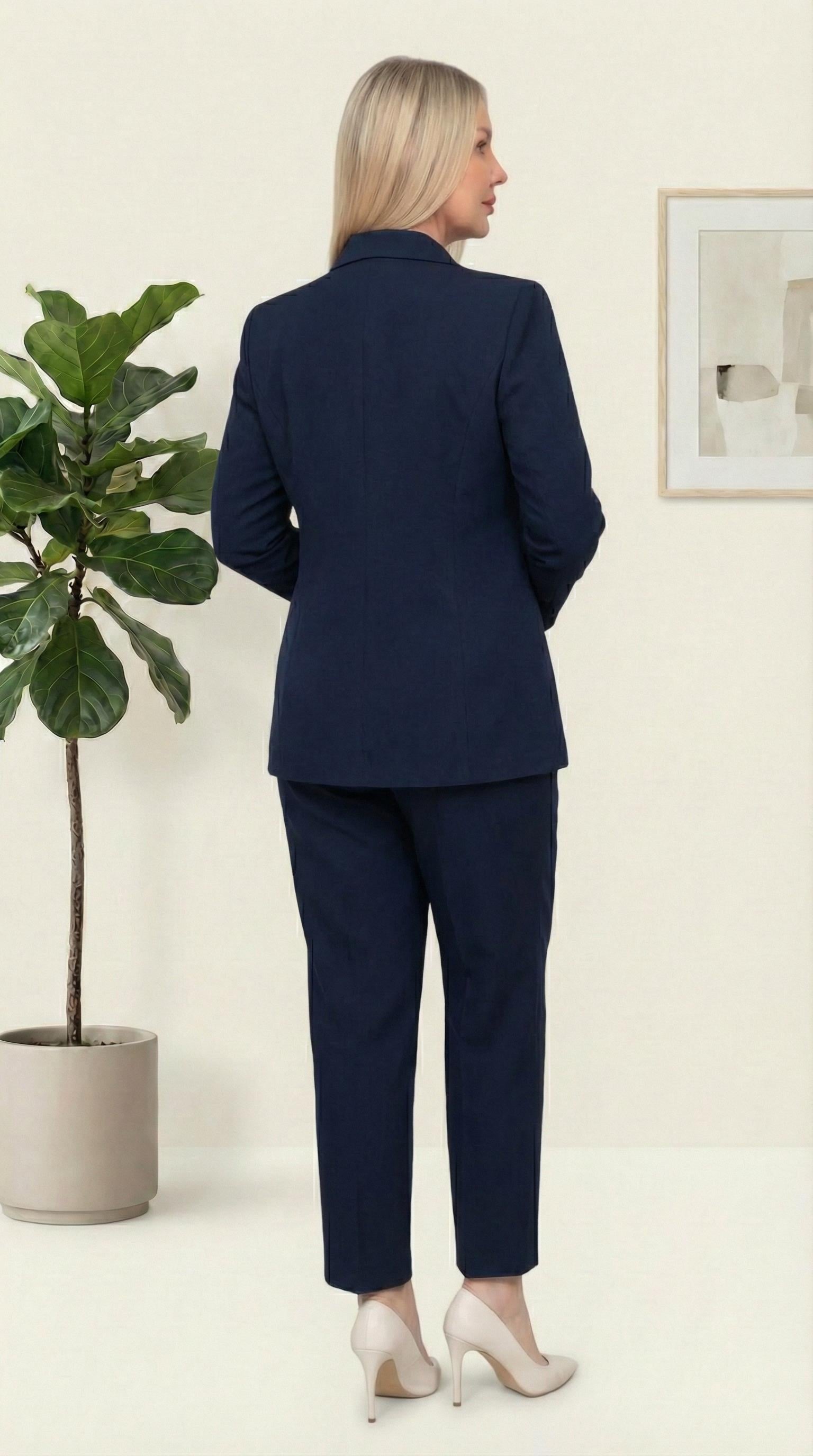 Kemar Detaylı Lacivert Sade İkili Pantolonlu Takım
