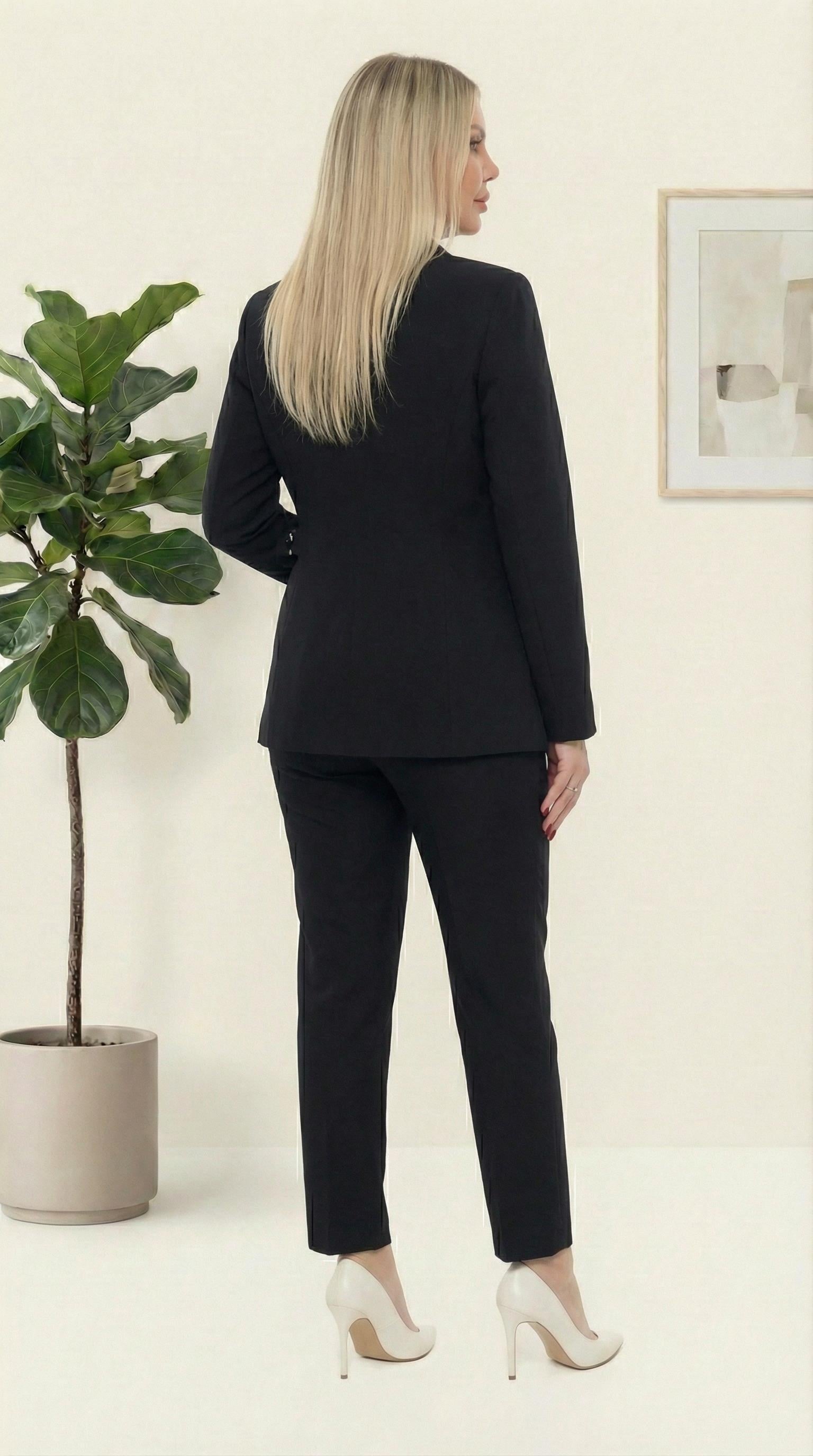 Kemar Detaylı Sade Siyah İkili Pantolonlu Takım