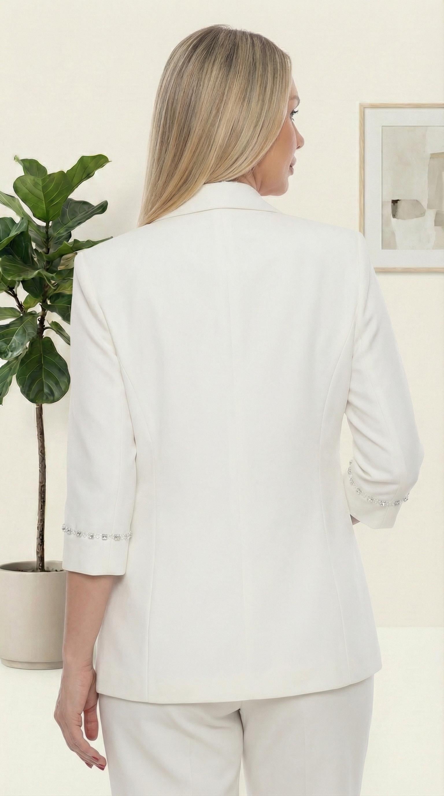 Şık Taş Detaylı Sade Zarif Beyaz Pantolonlu İkili Takım