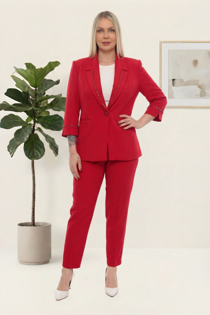 Şık Taş Detaylı Sade Zarif Kırmızı Pantolonlu İkili Takım