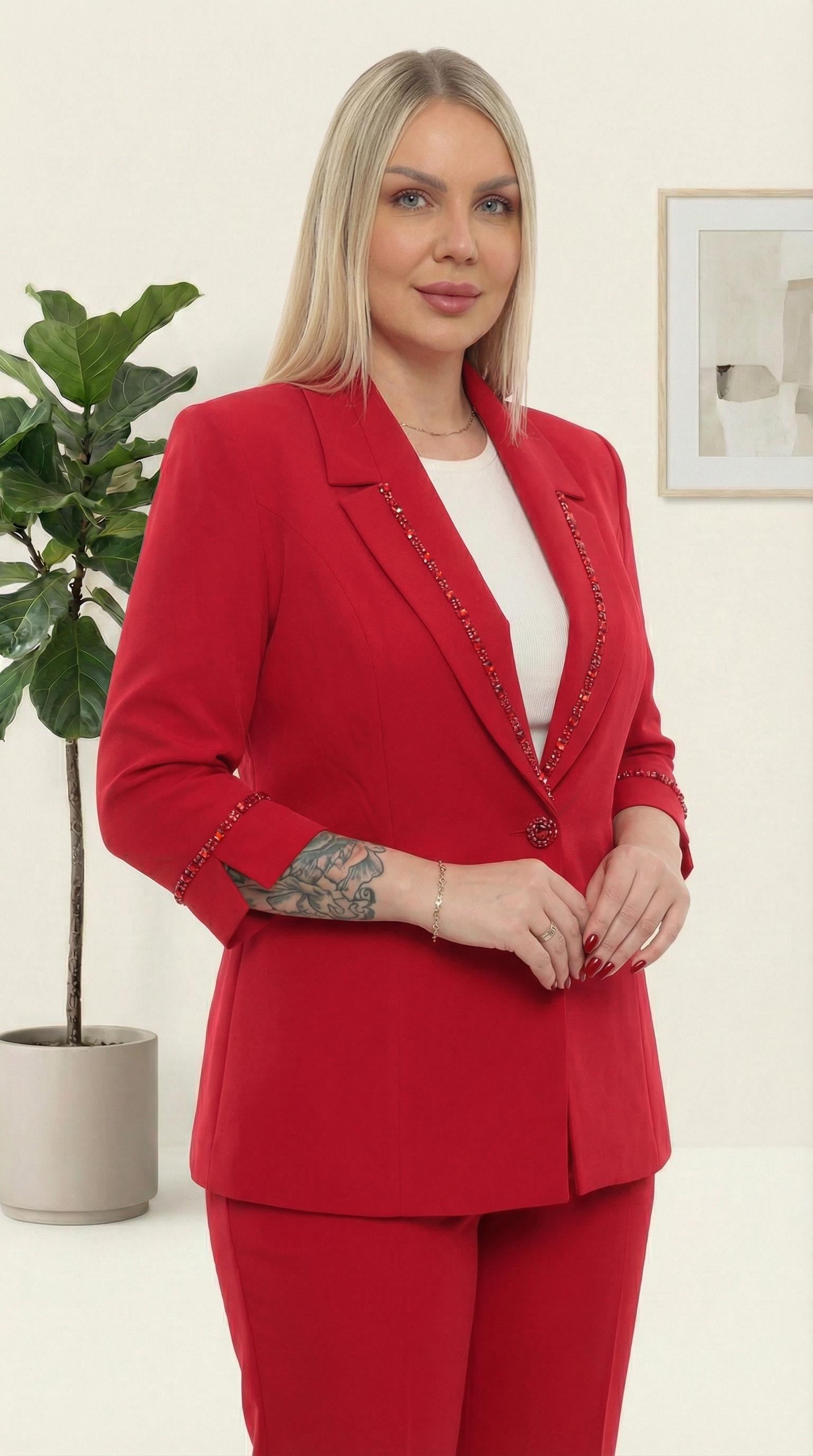 Şık Taş Detaylı Sade Zarif Kırmızı Pantolonlu İkili Takım