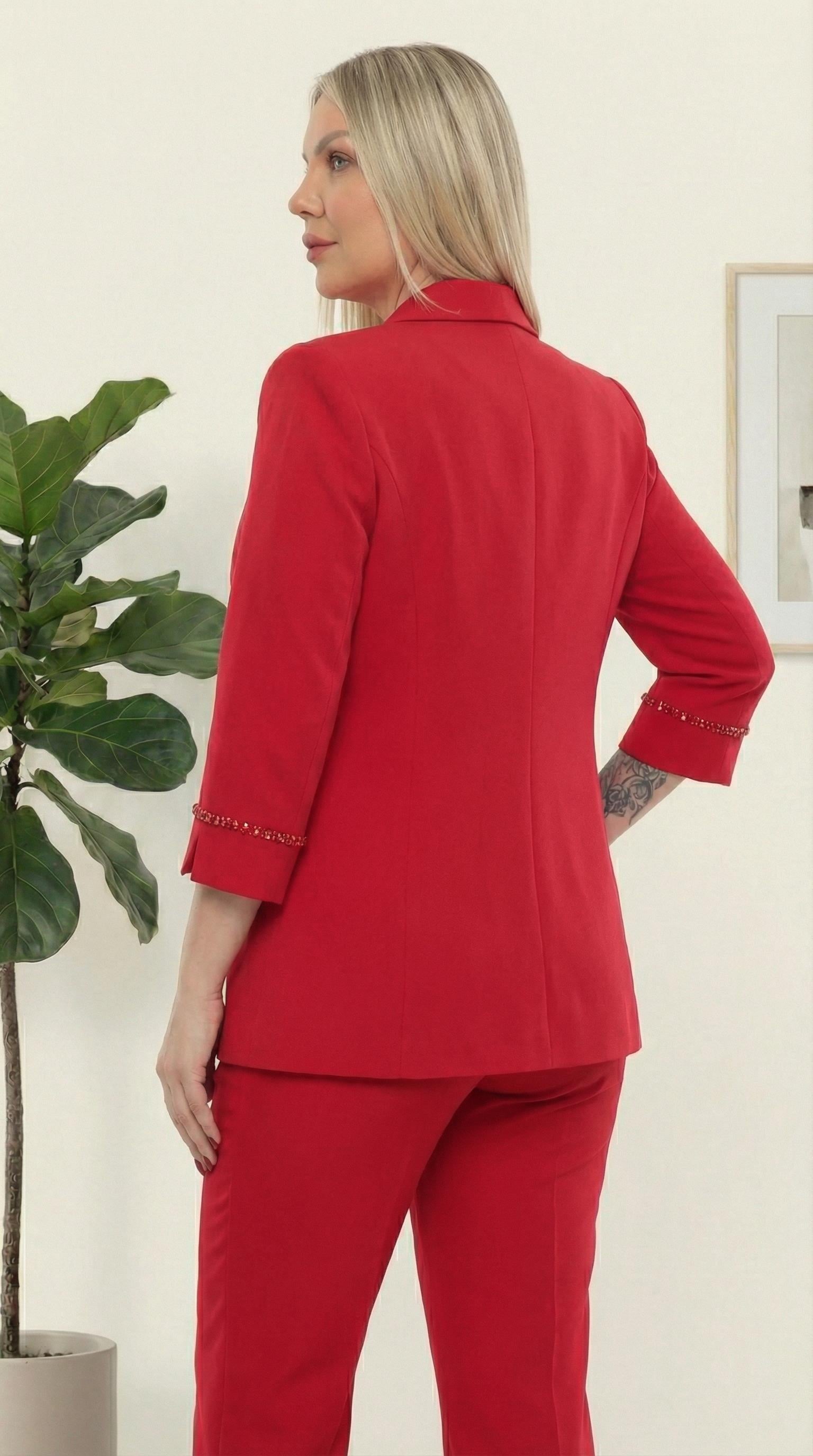 Şık Taş Detaylı Sade Zarif Kırmızı Pantolonlu İkili Takım