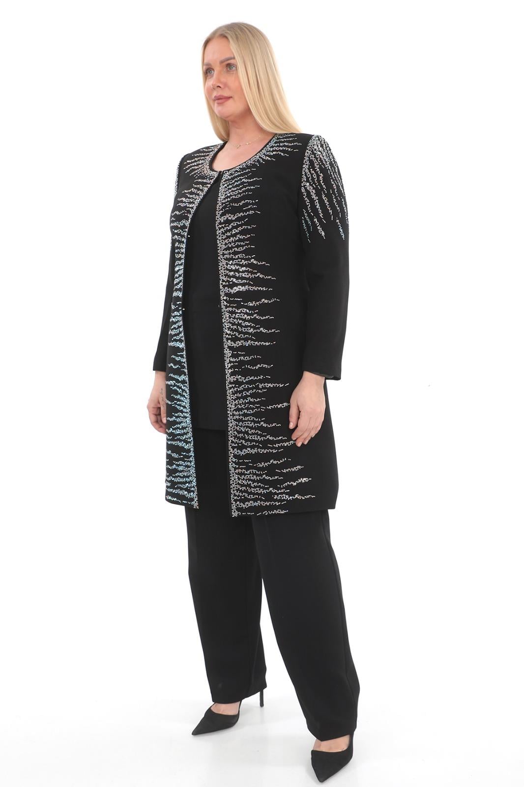 İşlemeli Detaylı Krep Kumaş Pantolonlu Siyah Üçlü Takım