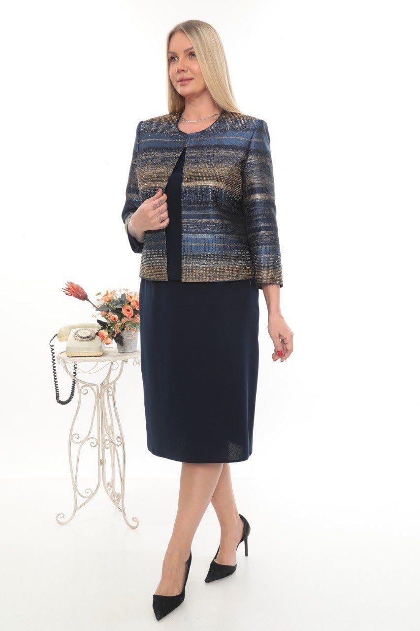 Ceketi Taş Detaylı Astarlı Jakarlı Ceket İçi Kolsuz Bluz Kısa Etekli Üçlü Takım