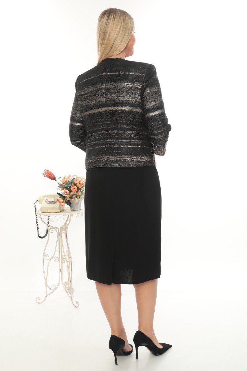 Ceketi Taş Detaylı Astarlı Jakarlı Ceket İçi Kolsuz Bluz Kısa Etekli Üçlü Takım