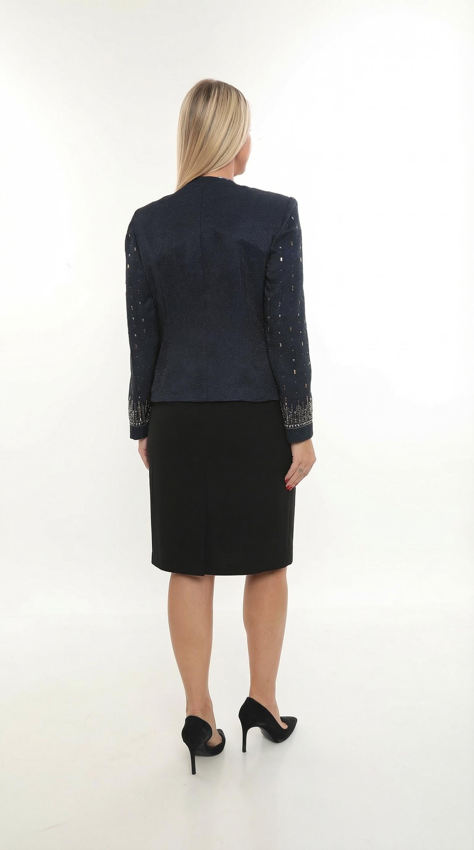 Ceketi Taş İşlemeli Astarlı Kapalı Yırtmaçlı Lacivert Kısa Etekli Üçlü Takım