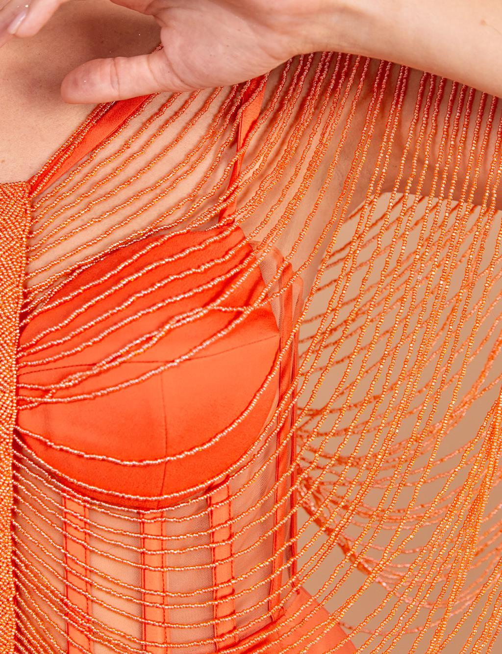 Boncuk İşlemeli Bolerolu Abiye Oranj