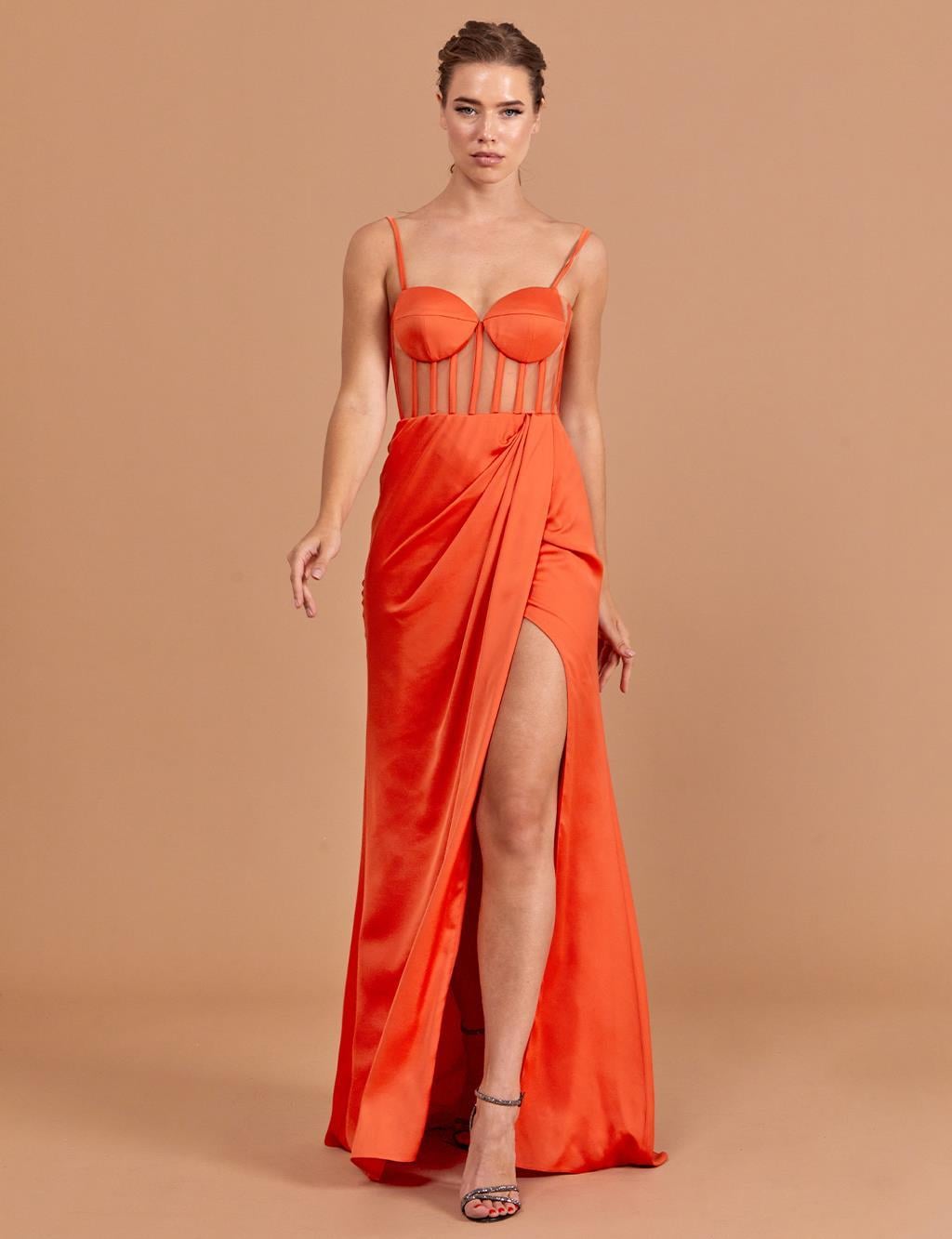 Boncuk İşlemeli Bolerolu Abiye Oranj