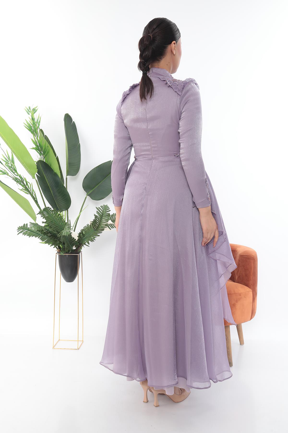 Gövdesi ve Kolu Taşlı Janjan Piliseli Lila Elbise