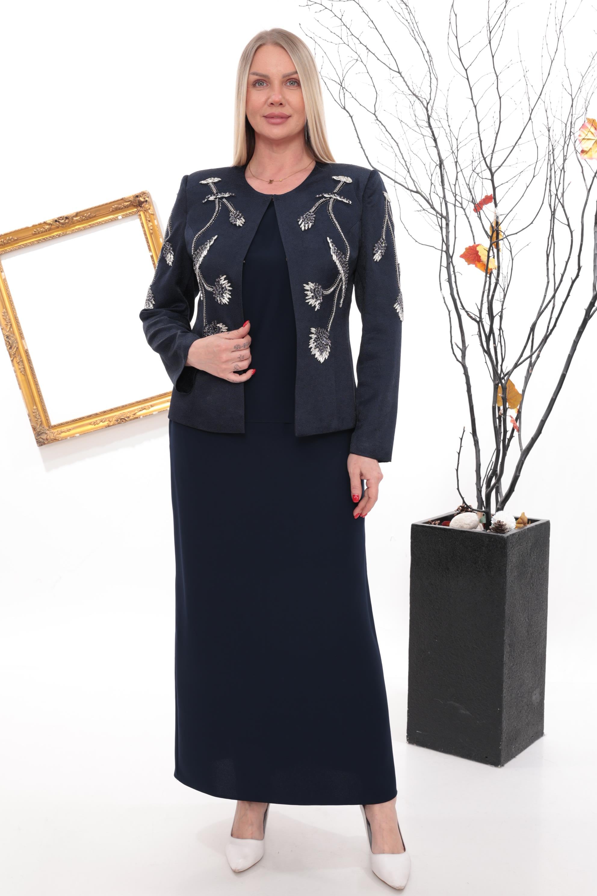Ceketi Çiçek Motif Detaylı Lacivert Uzun Etekli Üçlü Takım