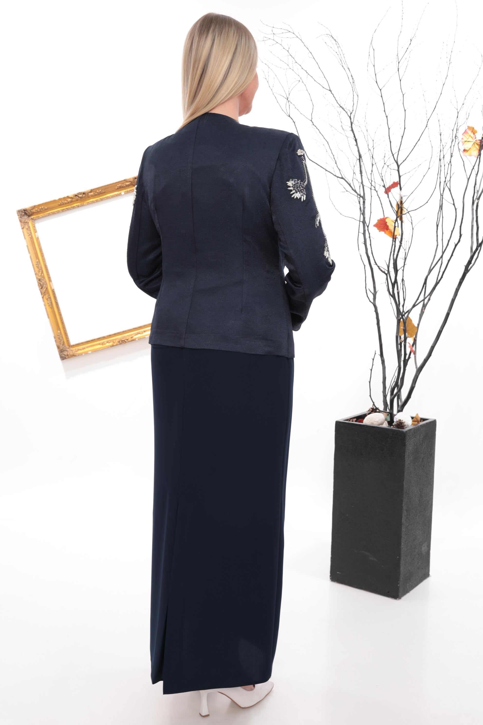 Ceketi Çiçek Motif Detaylı Lacivert Uzun Etekli Üçlü Takım