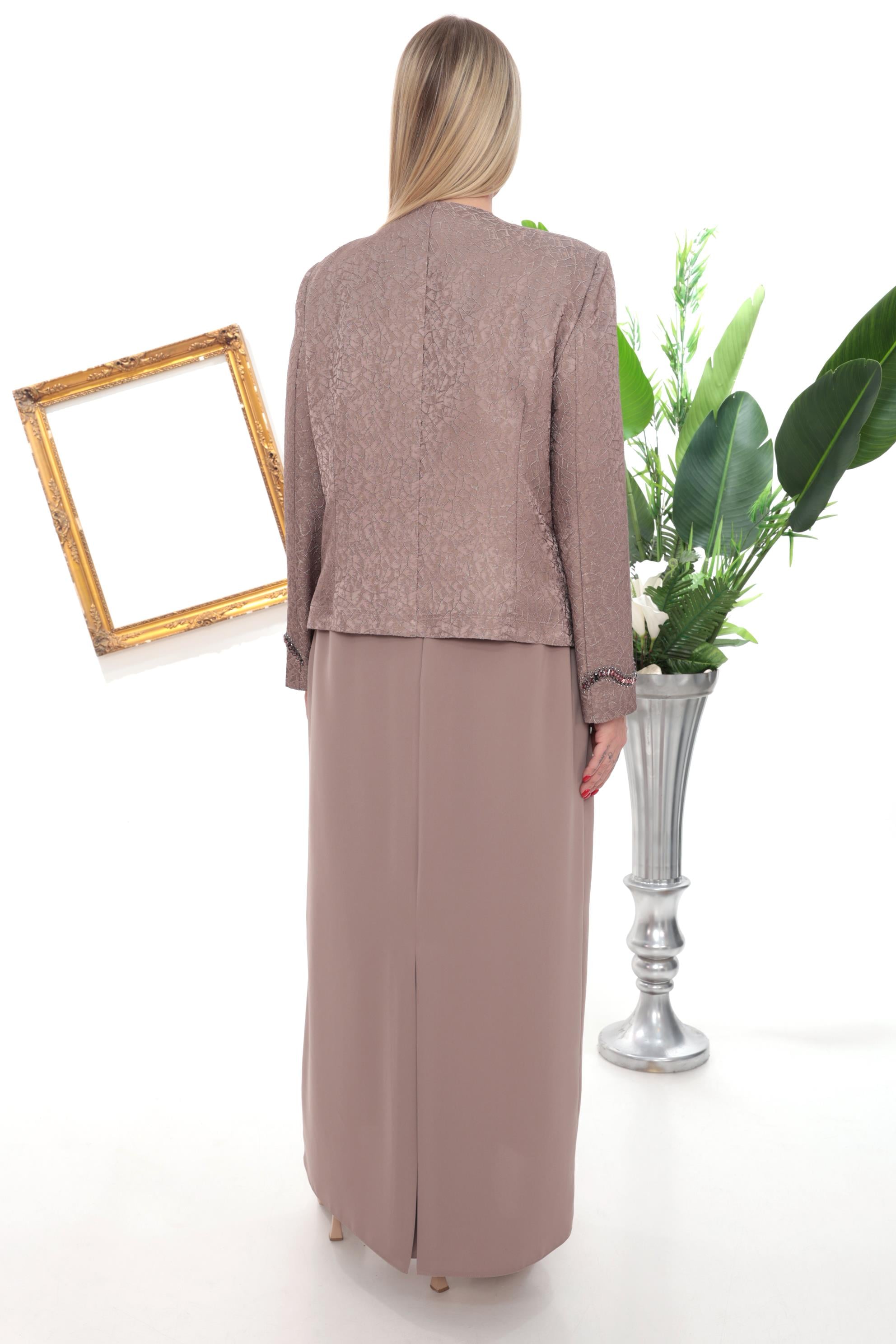 Ceketi Şerit Taş Detaylı Kahverengi Uzun Etekli Üçlü Takım