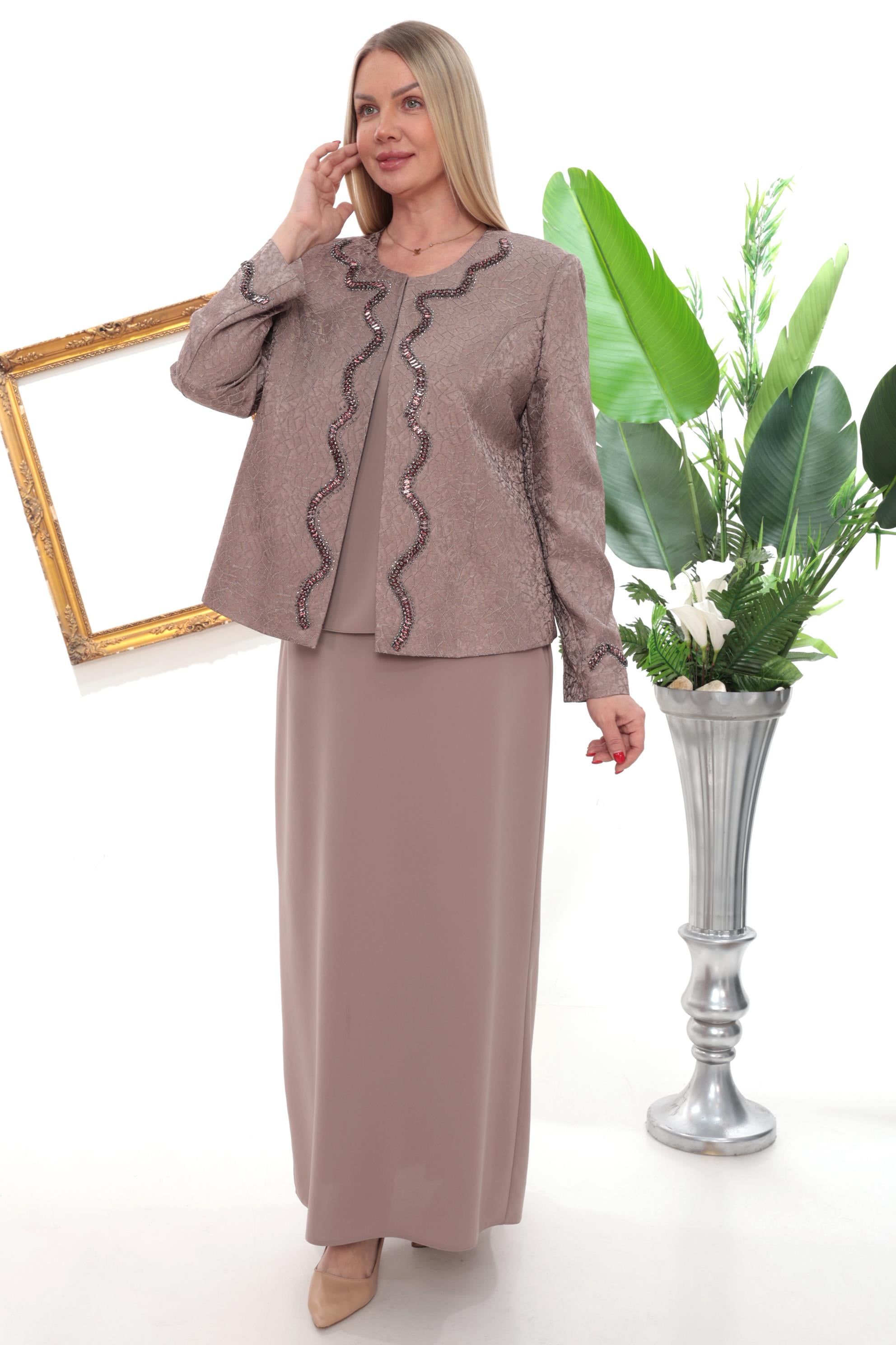 Ceketi Şerit Taş Detaylı Kahverengi Uzun Etekli Üçlü Takım