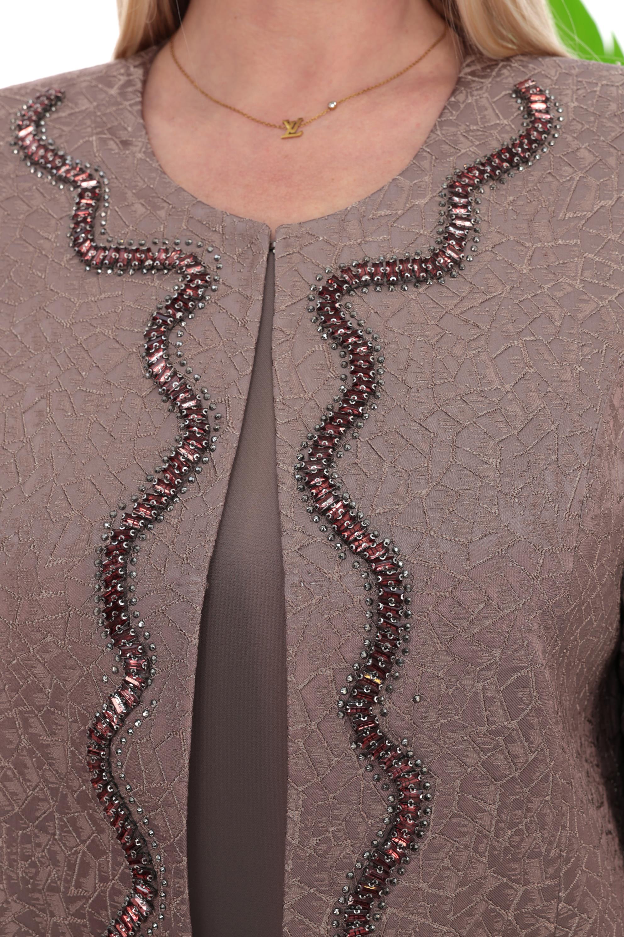 Ceketi Şerit Taş Detaylı Kahverengi Uzun Etekli Üçlü Takım