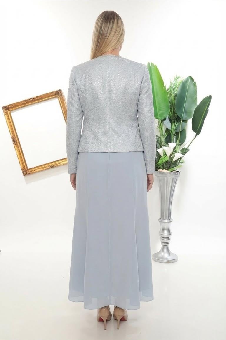 Ceketi Şık Taş İşlemeli Astarlı Kapalı Yırtmaç Su Mavisi Uzun Etekli Üçlü Takım