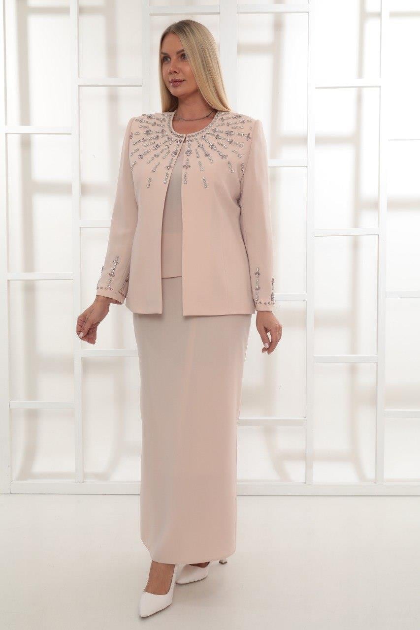 Ceketi Şık Taş İşlemeli Pudra Uzun Etekli Üçlü Takım