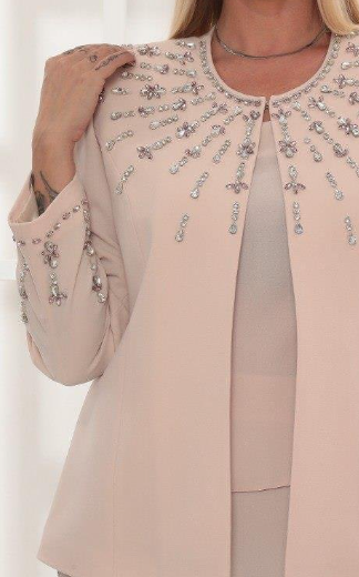 Ceketi Şık Taş İşlemeli Pudra Uzun Etekli Üçlü Takım