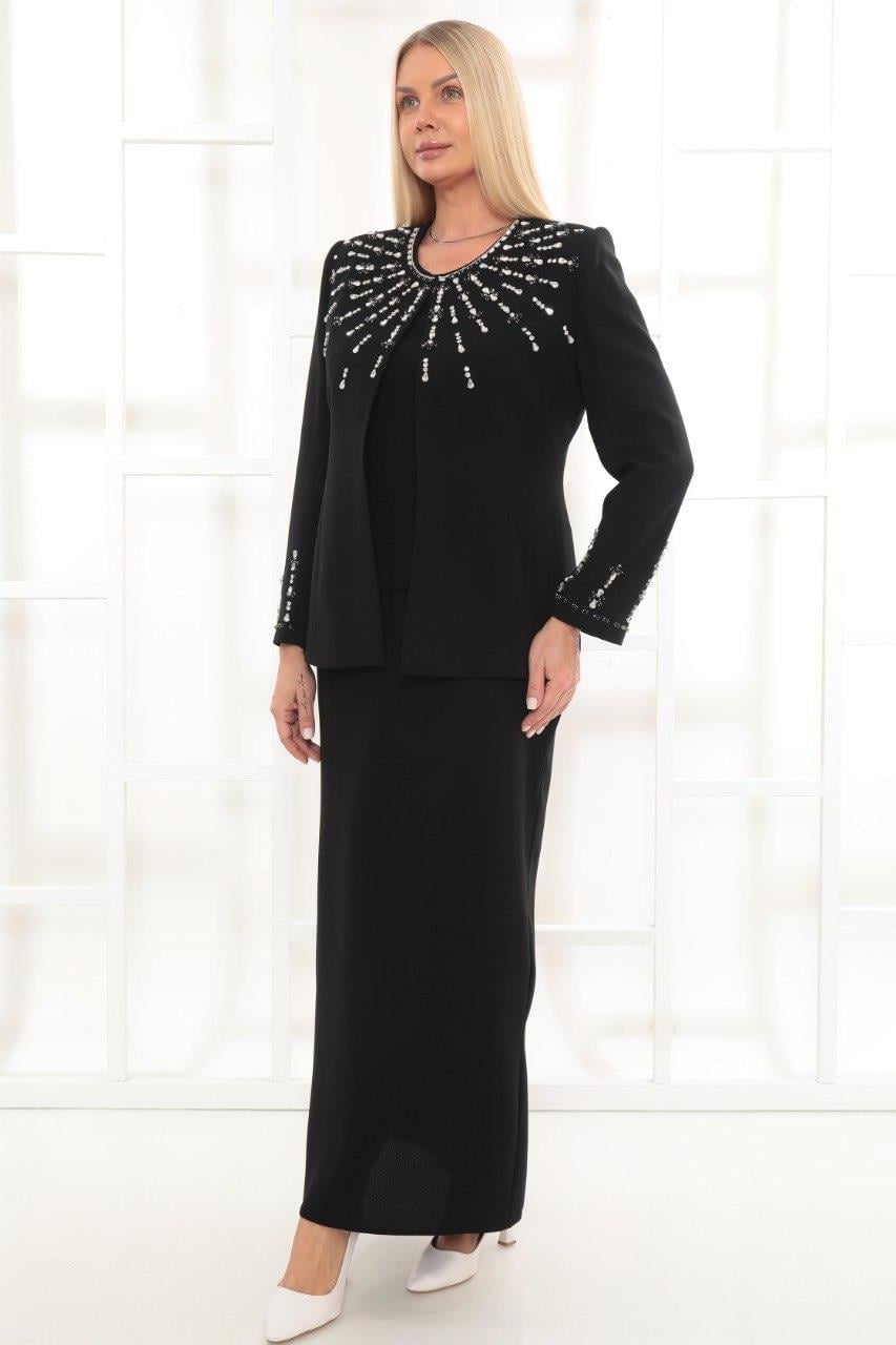 Ceketi Şık Taş İşlemeli Siyah Uzun Etekli Üçlü Takım