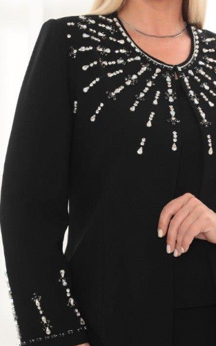 Ceketi Şık Taş İşlemeli Siyah Uzun Etekli Üçlü Takım