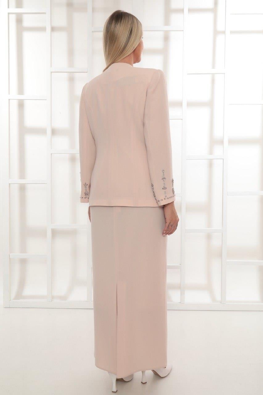 Ceketi Şık Taş İşlemeli Pudra Uzun Etekli Üçlü Takım