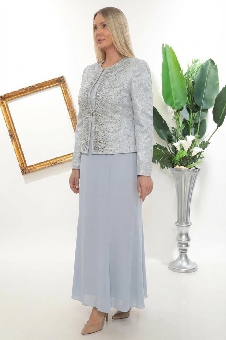 Ceketi Şık Taş İşlemeli Astarlı Kapalı Yırtmaç Su Mavisi Uzun Etekli Üçlü Takım