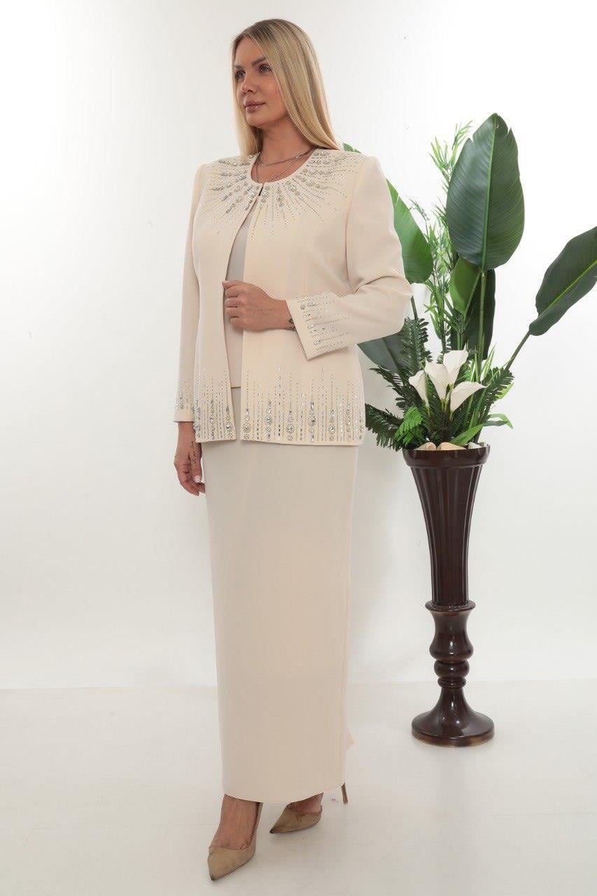 Ceketi Taş İşlemeli Kapalı Yırtmaç Bej Uzun Etekli Üçlü Takım