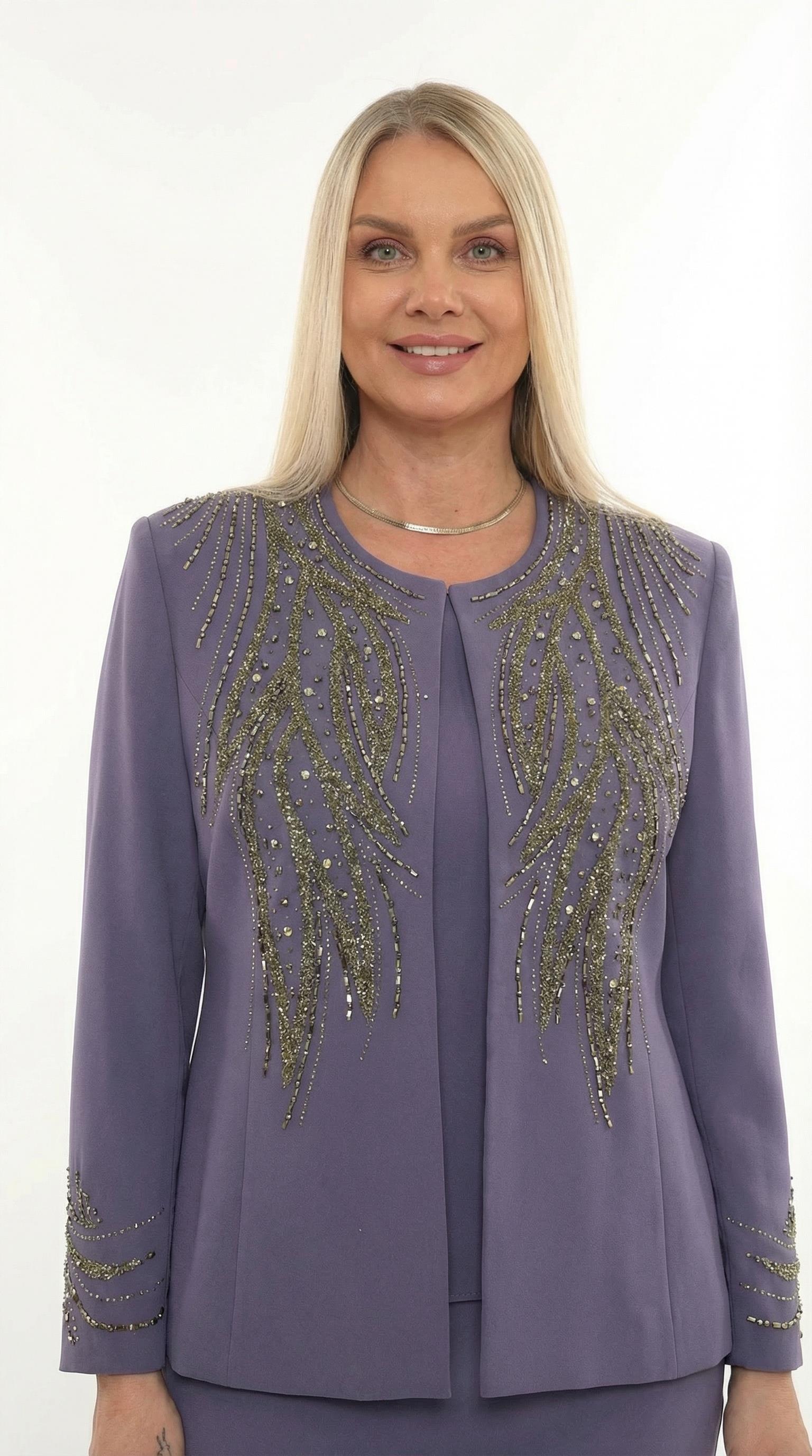 Ceketi Zarif Taş Süslemeli Kapalı Yırtmaçlı Mor Uzun Etekli Üçlü Takım