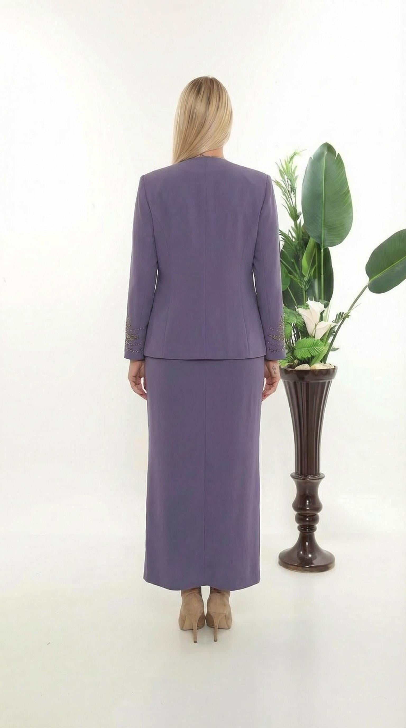 Ceketi Zarif Taş Süslemeli Kapalı Yırtmaçlı Mor Uzun Etekli Üçlü Takım