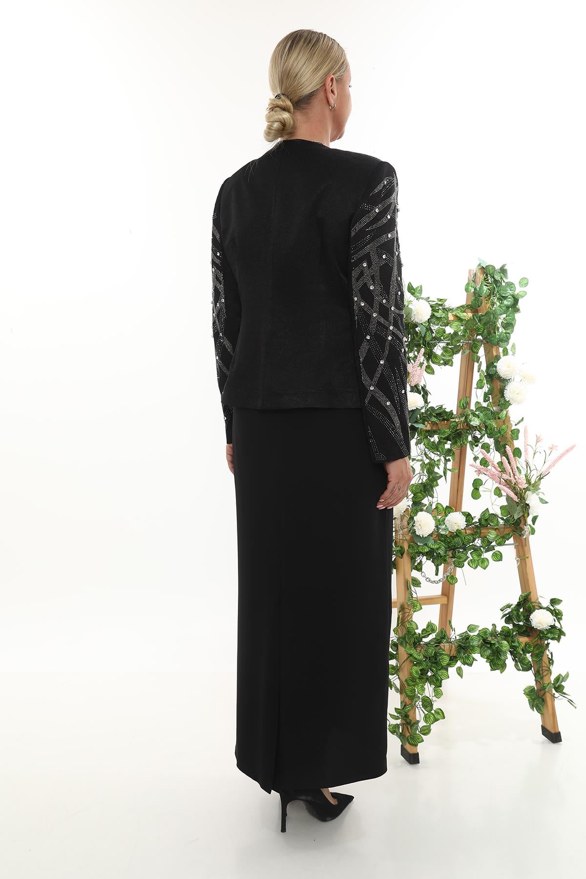 Ceketi Zarif Taş İşlemeli Detaylı Siyah Uzun Etekli Üçlü Takım