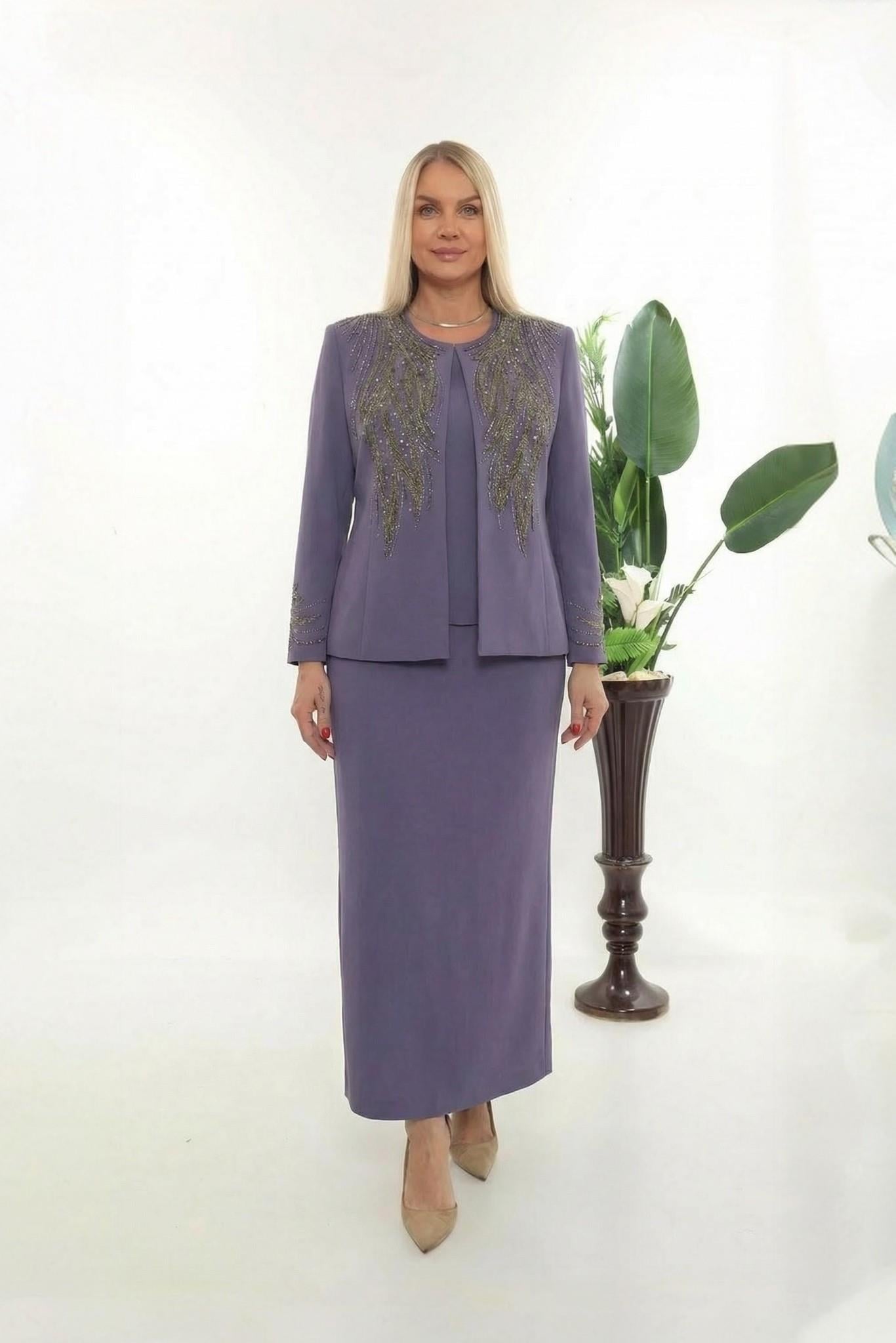 Ceketi Zarif Taş Süslemeli Kapalı Yırtmaçlı Mor Uzun Etekli Üçlü Takım