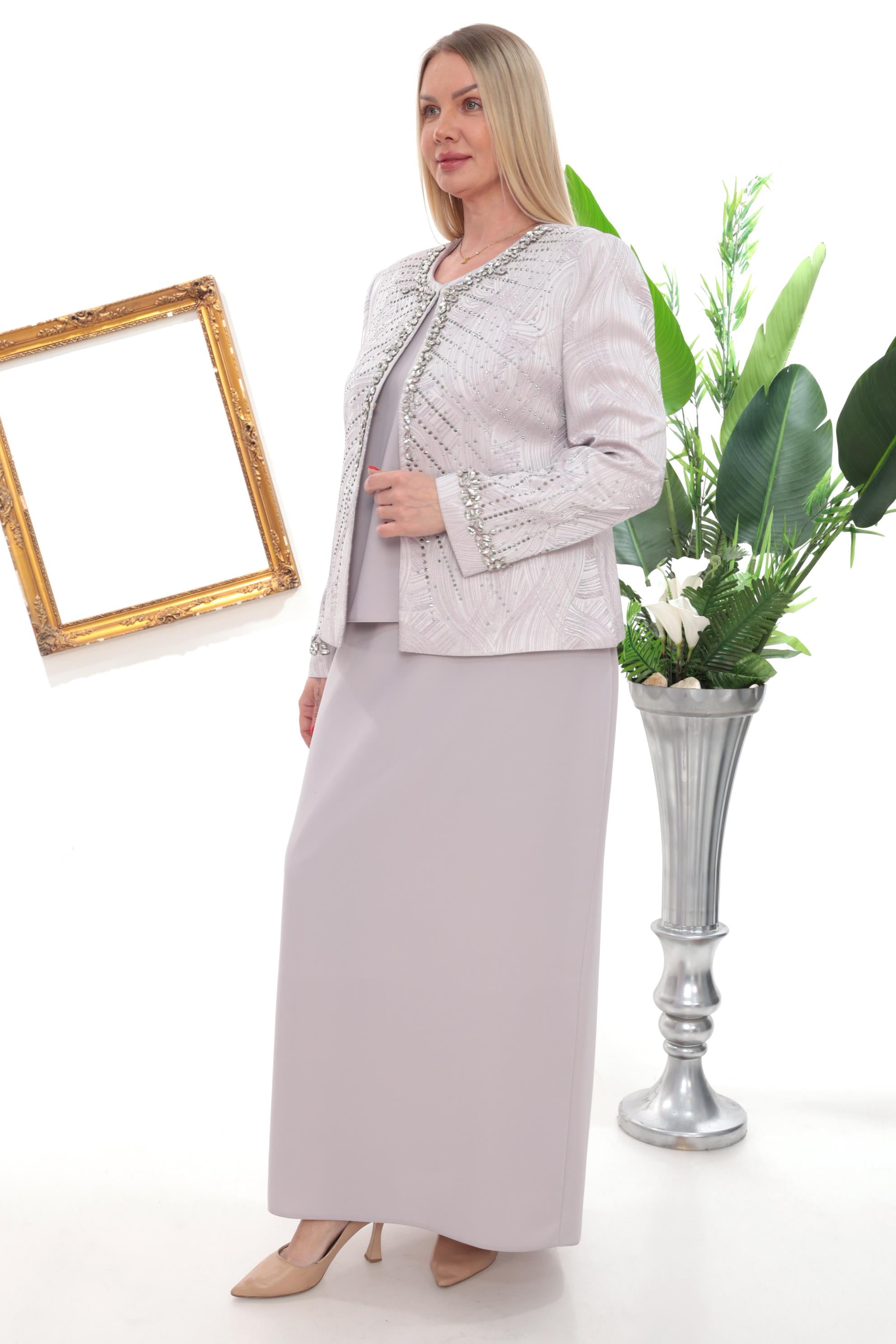 Ceketi Zarif Taş Detaylı Astarlı Gümüş Uzun Etekli Üçlü Takım