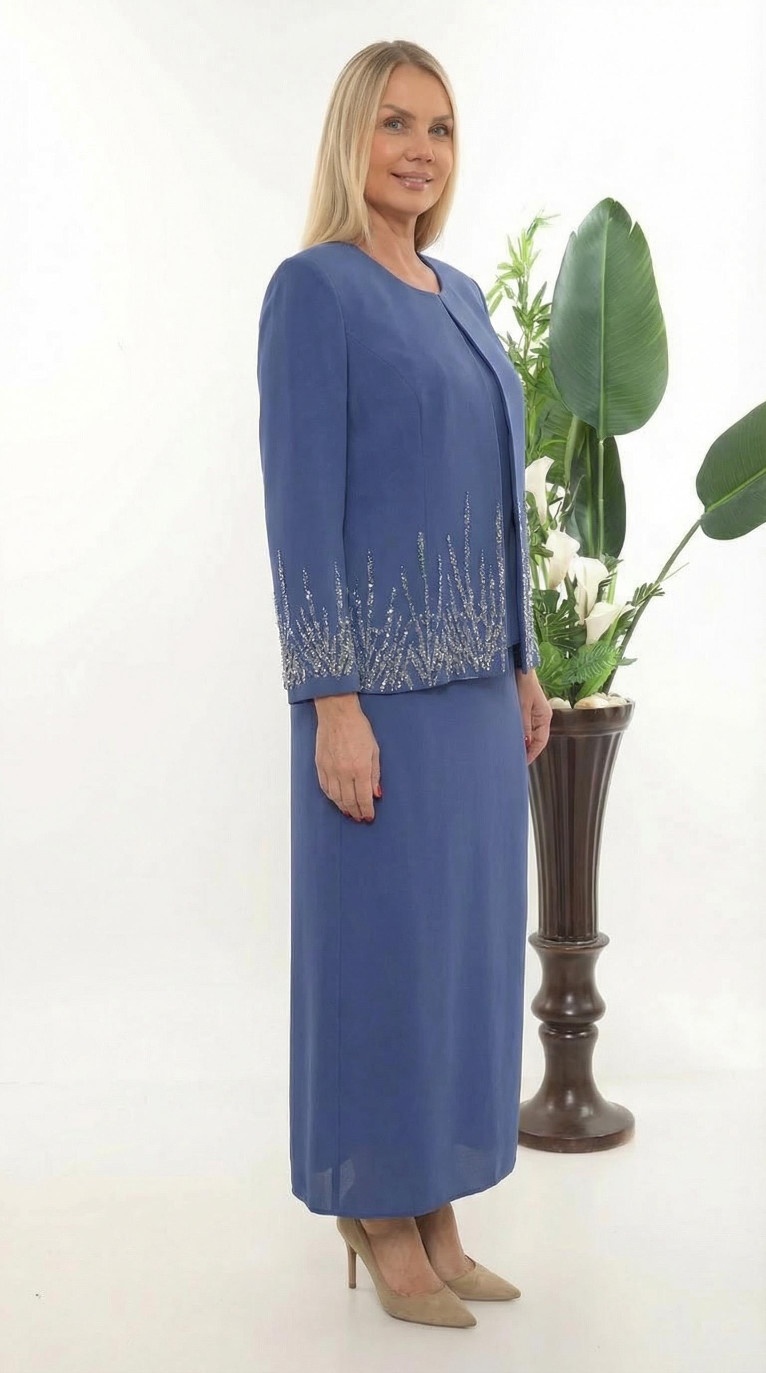 Ceketi Zarif Taş Süslemeli Yırtmaçlı Mavi Uzun Etekli Üçlü Takım