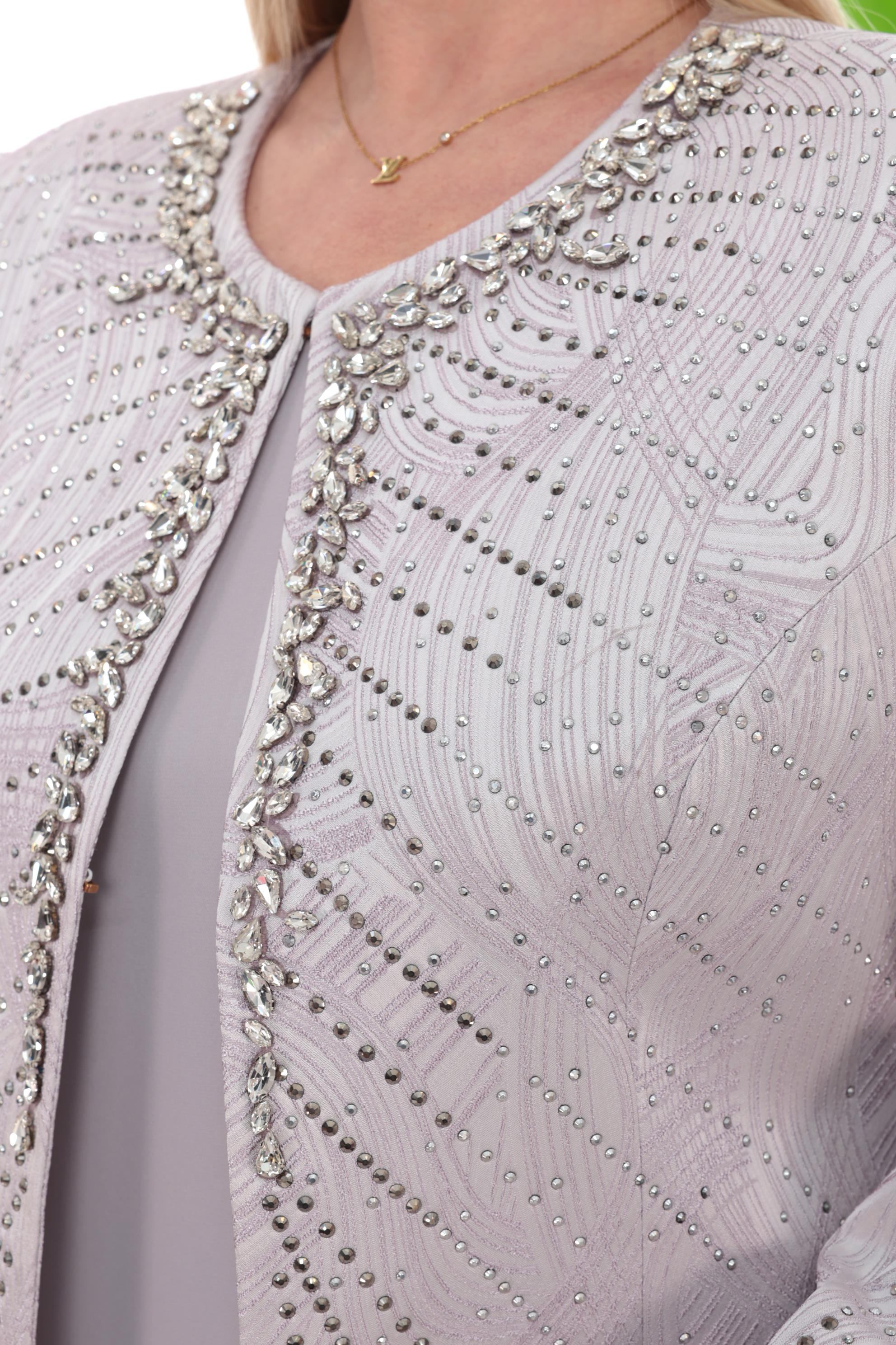 Ceketi Zarif Taş Detaylı Astarlı Gümüş Uzun Etekli Üçlü Takım