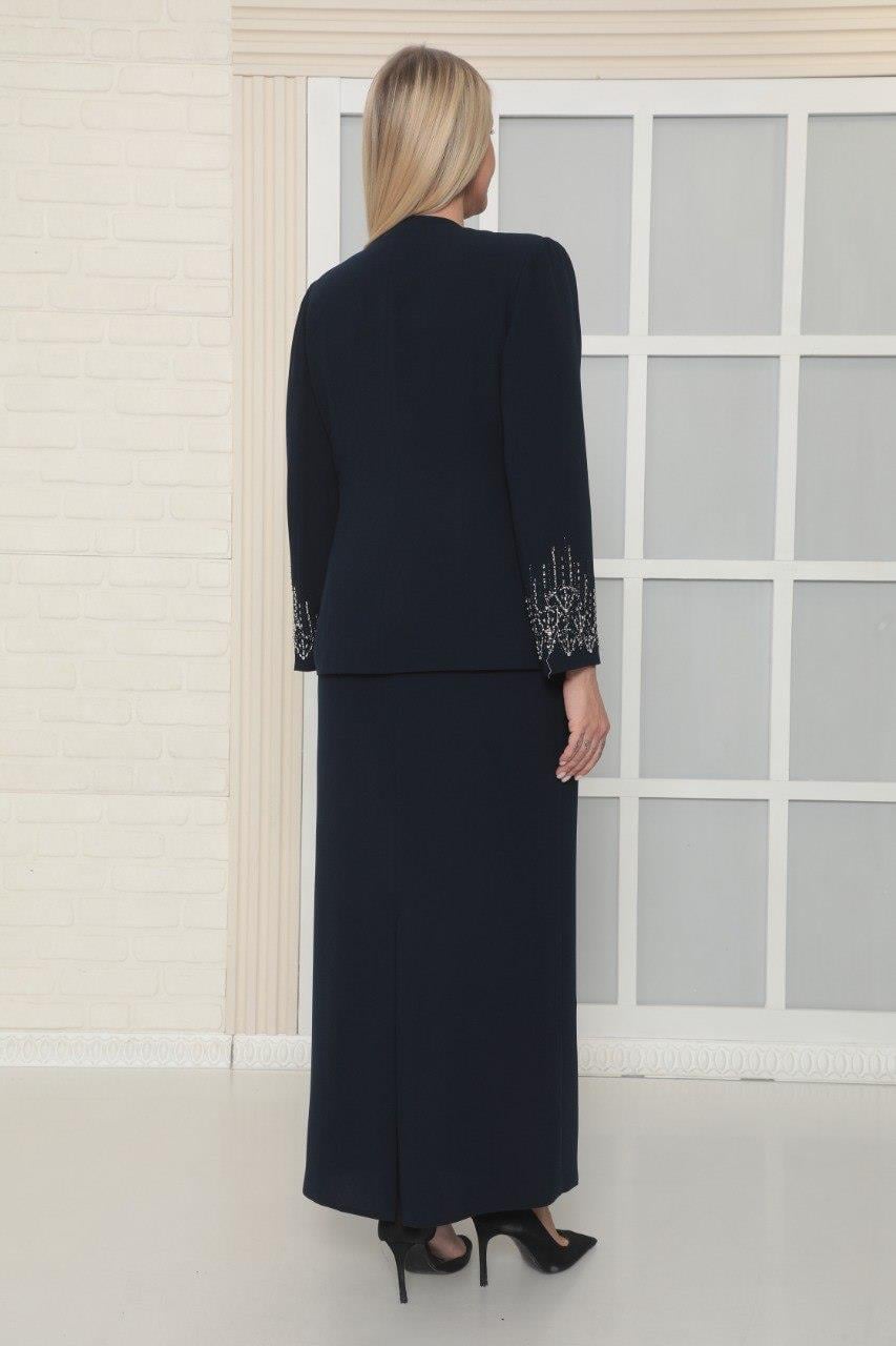 Ceketi Zarif Taş İşleme Detaylı Lacivert Uzun Etekli Üçlü Takım